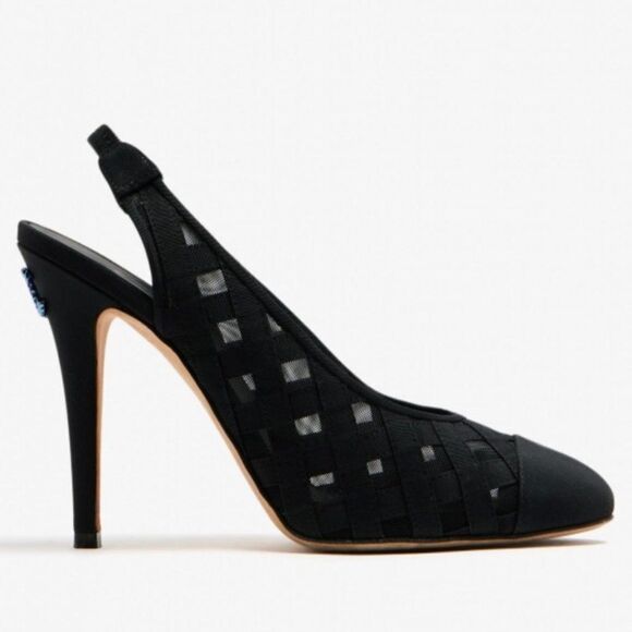 CHANEL Black Diamond Pattern Mesh CC Logo Cap Toe Slingback Sandals Size… - Picture 3 of 16
